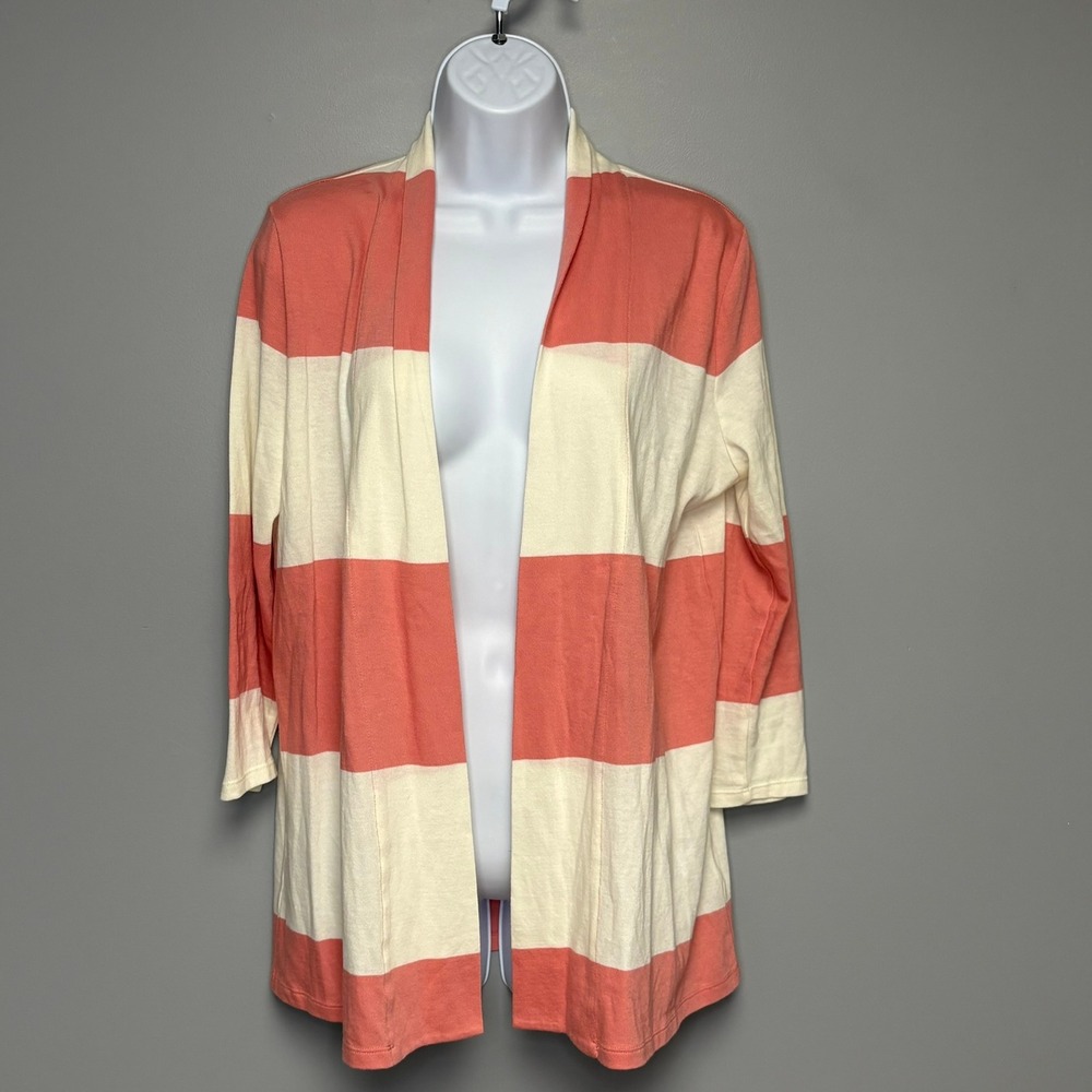 Talbots Salmon Pink‎ White Beachy Nautical Preppy Striped Open Cardigan Sz S
